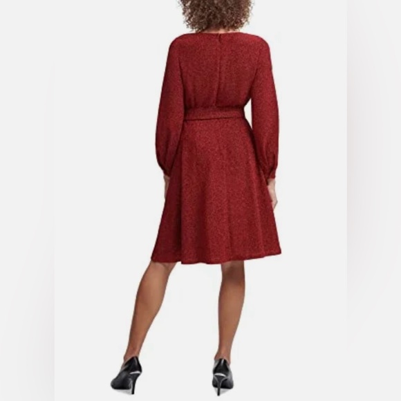 Calvin Klein Red Sparkly Metallic Holiday Midi Dress - Picture 3 of 7